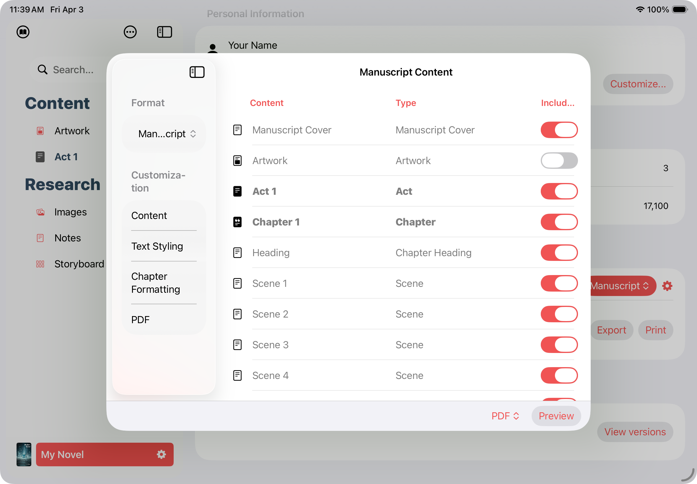 The draft management view showing chapters and scenes toggled on and off