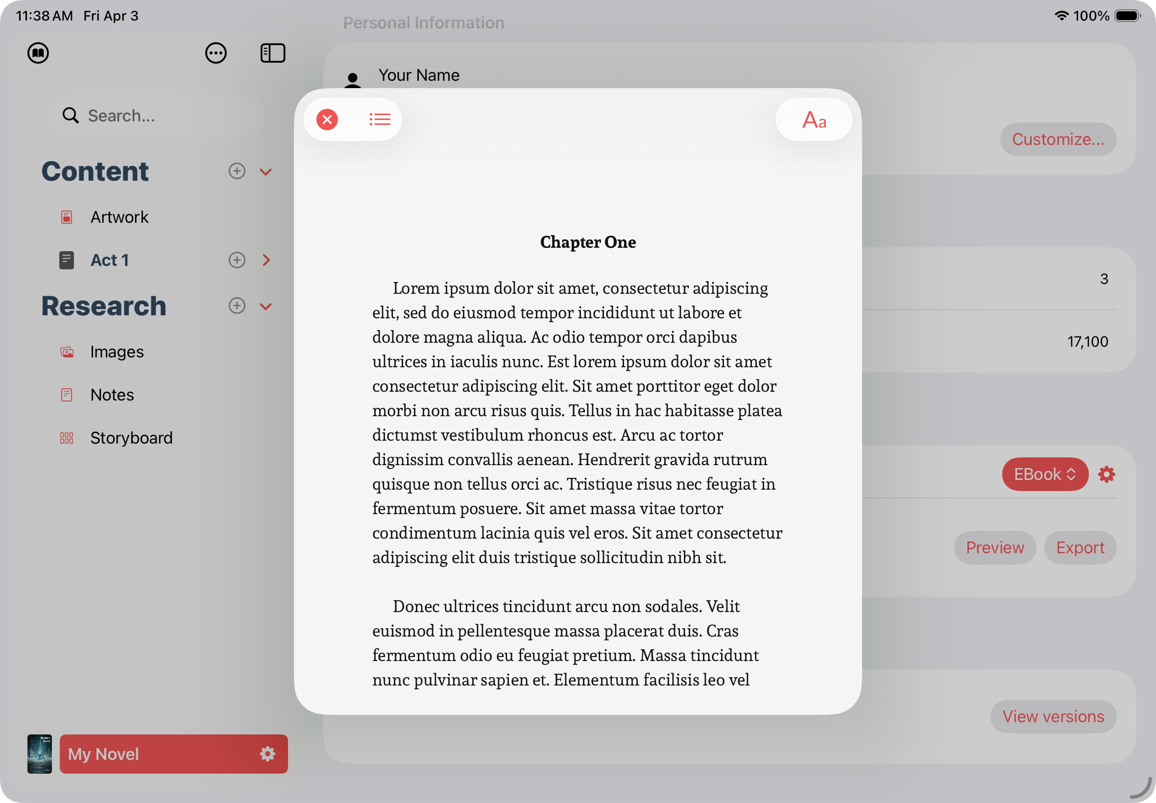 The built-in ebook reader showing a preview of an exported EPub