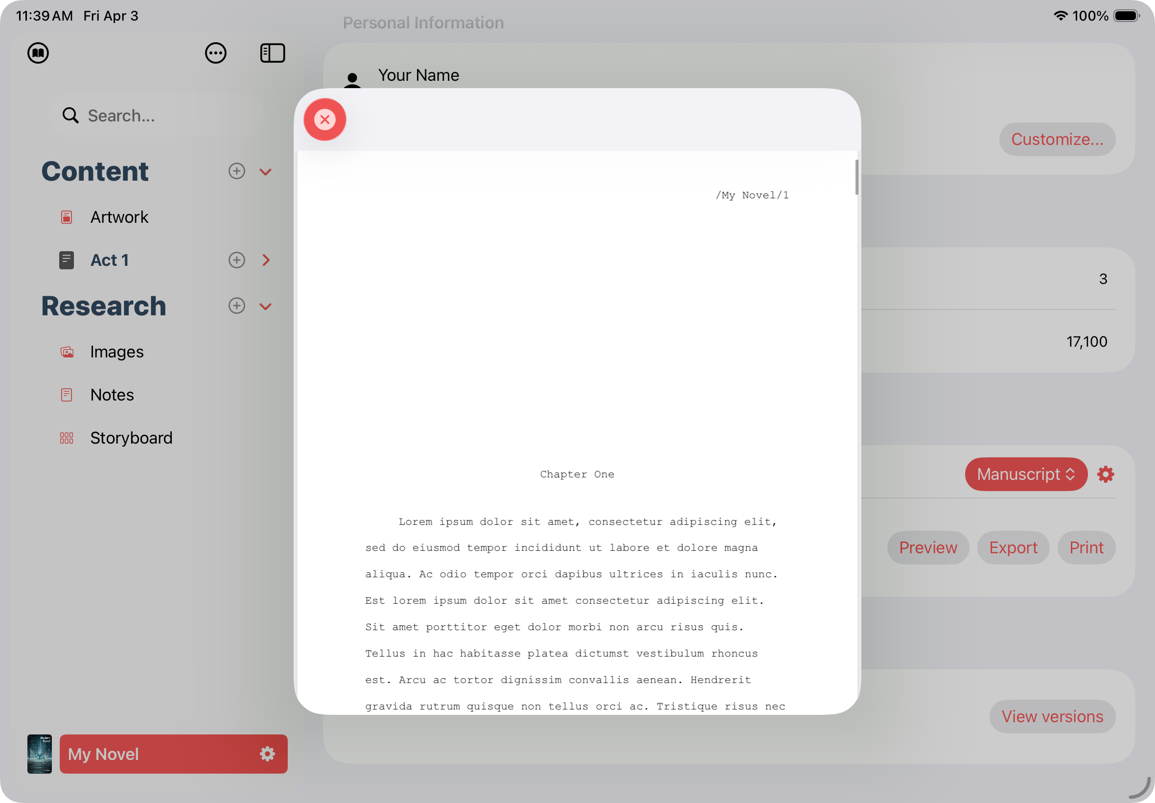 A manuscript export preview showing the header and first page of a chapter