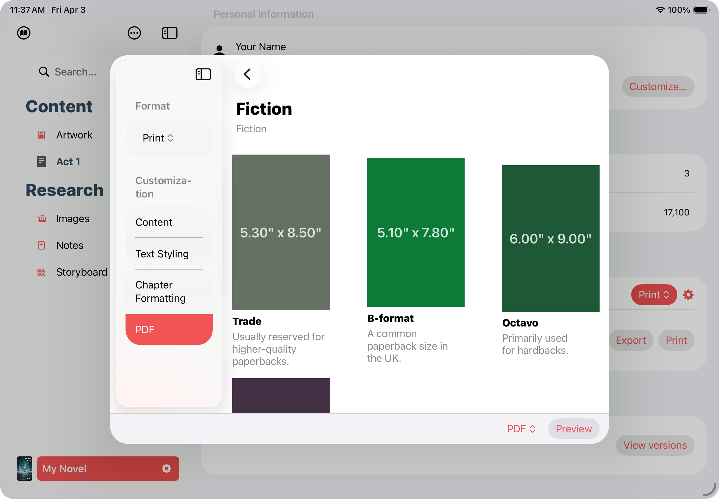 Page size selection showing fiction, non-fiction, and children’s book sizes