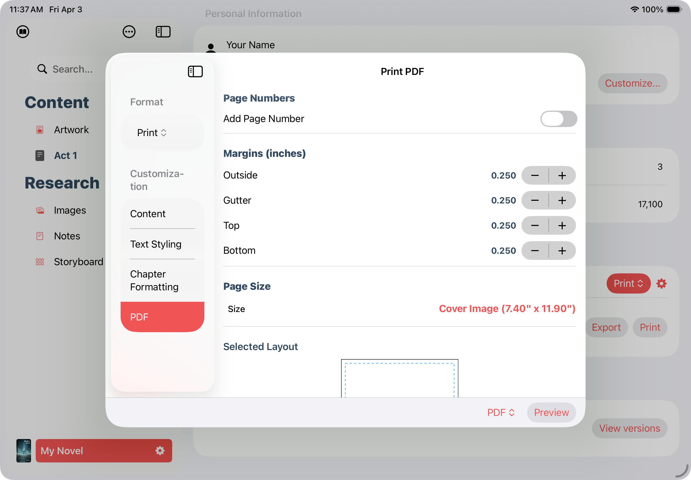 PDF export settings with margin controls and page layout options