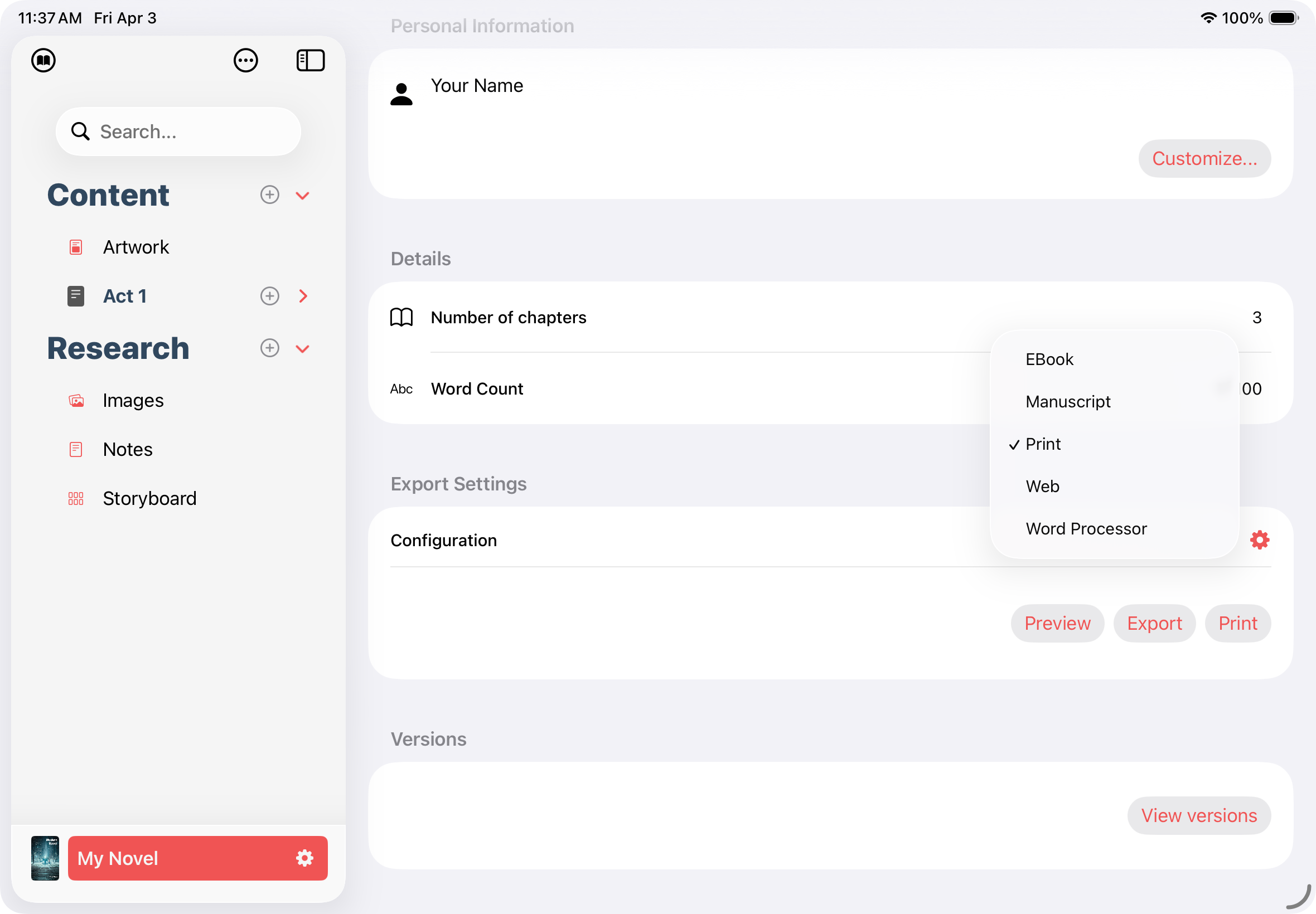 The export profile picker in Plotten, showing the available formats