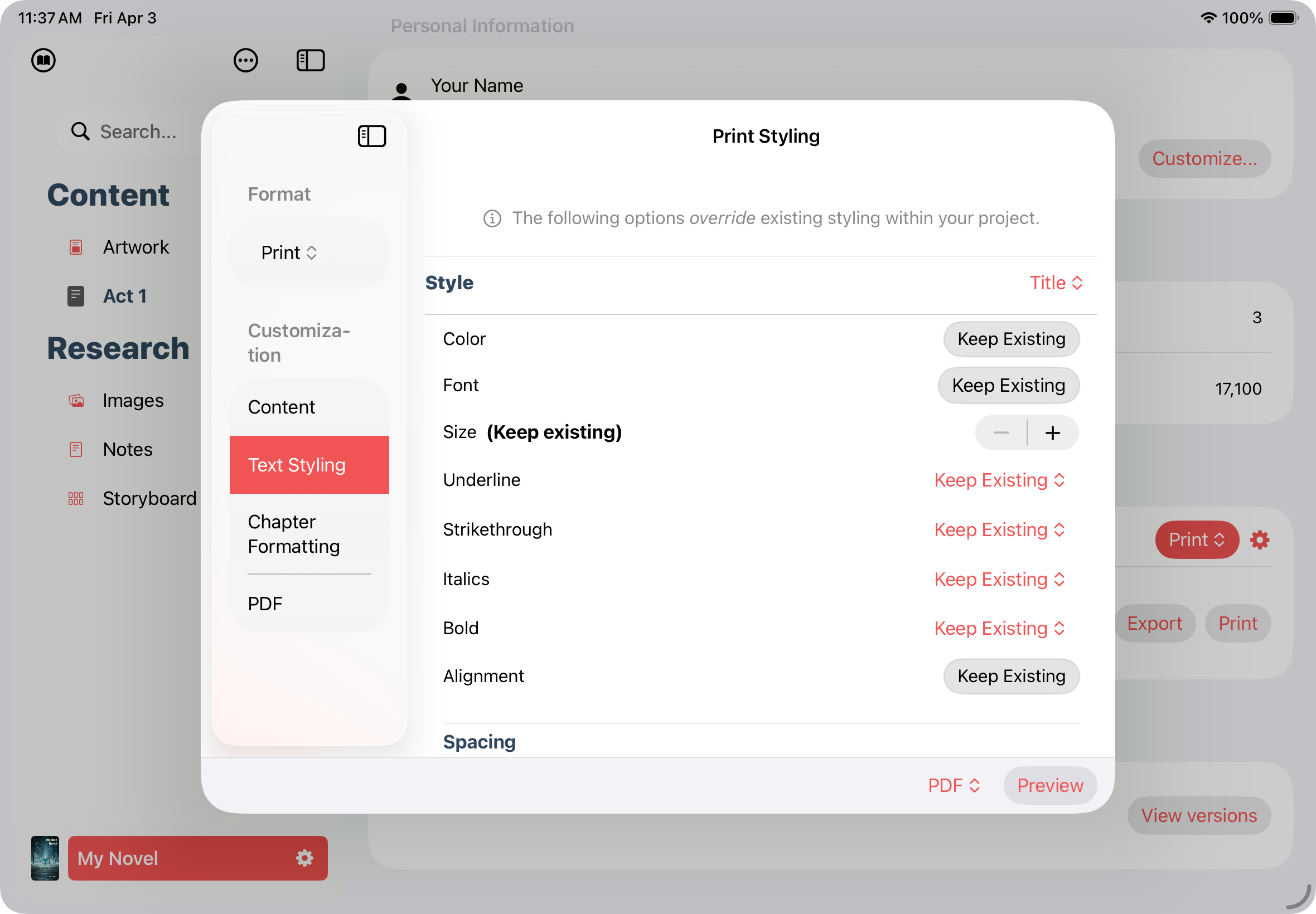 Text styling controls showing font, spacing, and alignment options