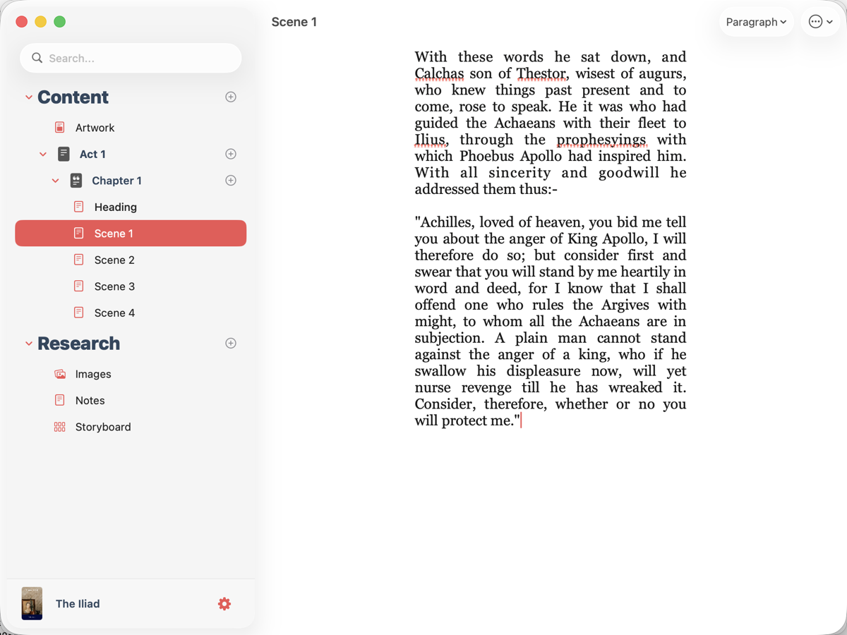 Plotten writing app on Mac showing a chapter in progress